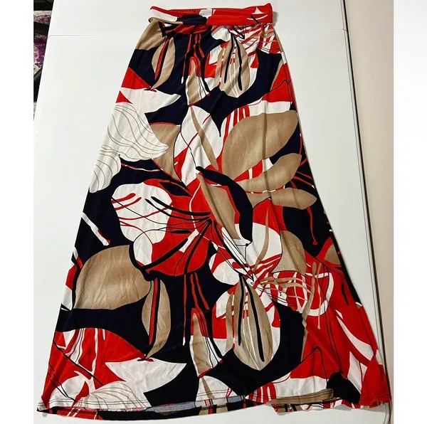 Got Style USA Orange Tan White Abstract Floral Y2K Fold Over Maxi Skirt Bottoms Size S 🧡🤎✨ - Image 2