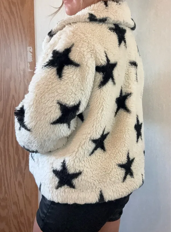 POPSUGAR Black White Star Faux Fur Teddy Jacket XL - Image 3