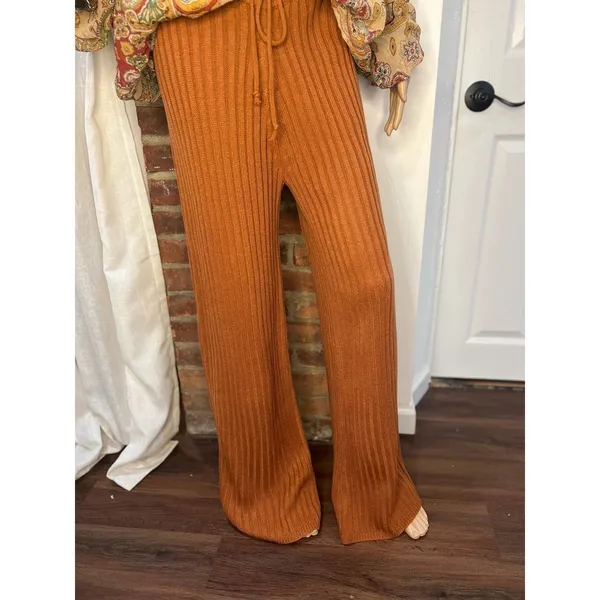 SNDYS Hendrix Ribbed Knit Drawstring Pants Burnt Orange Wide Leg Lounge Pants M - Image 5