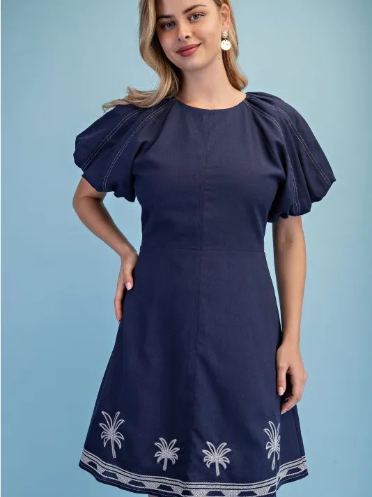 GIGIO Palm Tree Embroidered Linen Mini Dress Bubble Sleeve Medium - Image 5