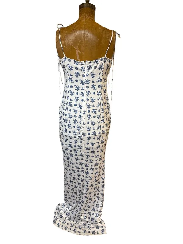 Parthea Floral Bodycon Tie Shoulder White Blue Maxi Dress Fish Tail Hem Size XL - Image 4