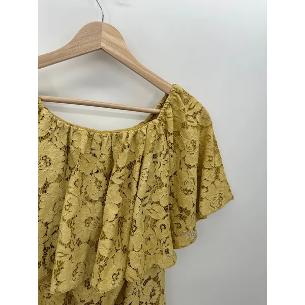 Poema Yellow Lace Floral Off Should Tunic Top Mini Dress Layered Women Small/Med - Image 4