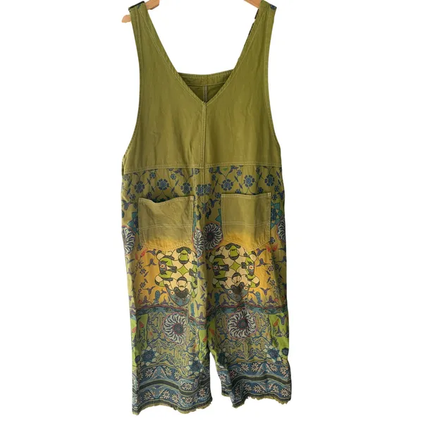 Vintage Distressed Boho Floral Overalls | Olive Green Cotton | One Size - Image 5