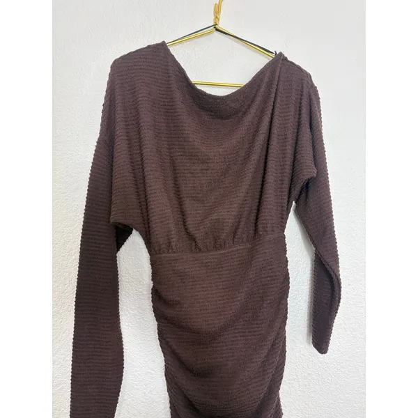 Showpo Alyce Mini Dress Size 4 Brown Ruched Off Shoulder Textured Knit - Image 10