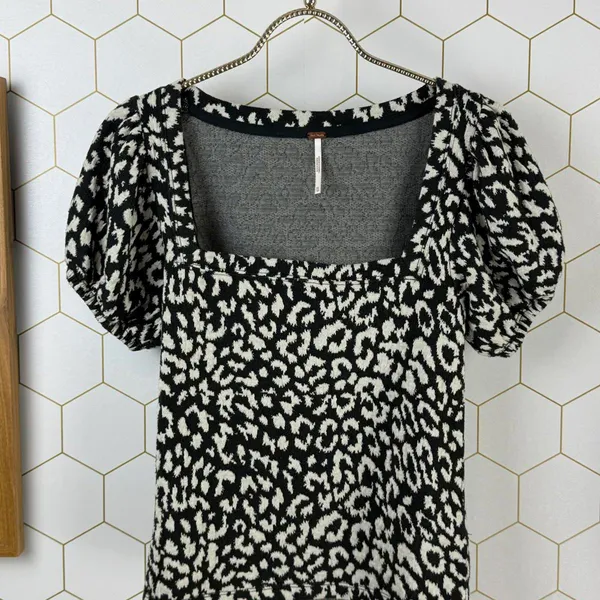 Free People No Type Top Black Leopard Print Puff Sleeve Top - Size - XS - Image 8