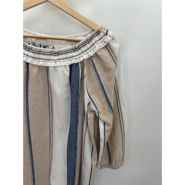 Mystree Womens Dress Khaki Blue Striped Boho Cottagecore Cotton Peasant Size S‎ - Image 4