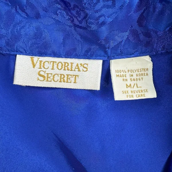 Vintage 80s Gold Label Victorias Secret Night Shirt‎ Dress M/L Blue Satin Korea - Image 5