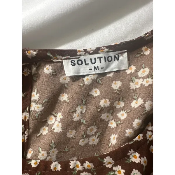 Solution Brown Floral Midi Dress Women's‎ Medium Puff Sleeve Casual Tiered - Image 3