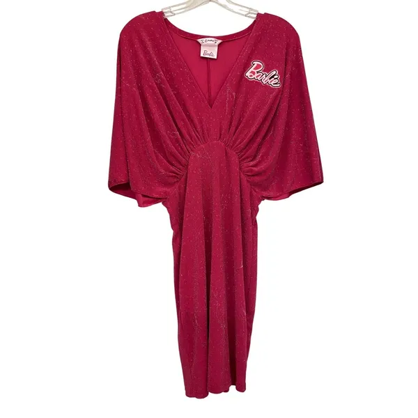 Barbie Pink Glitter Dolman‎ Sleeve Cinched Waist Mini Dress Womens Medium - Image 2