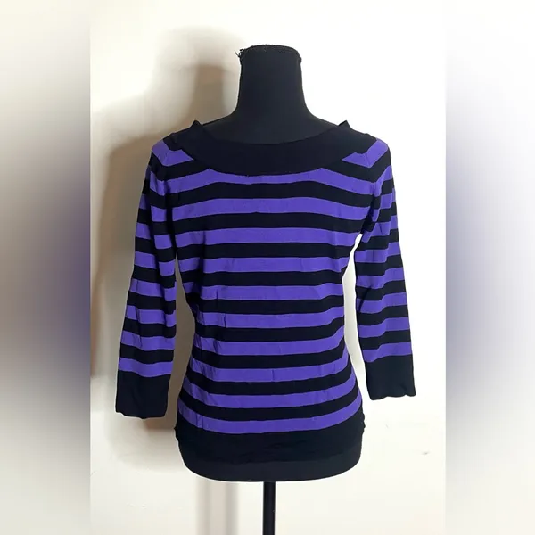 Joseph A- Black and Purple Striped Long Sleeve Top Size L - Image 4