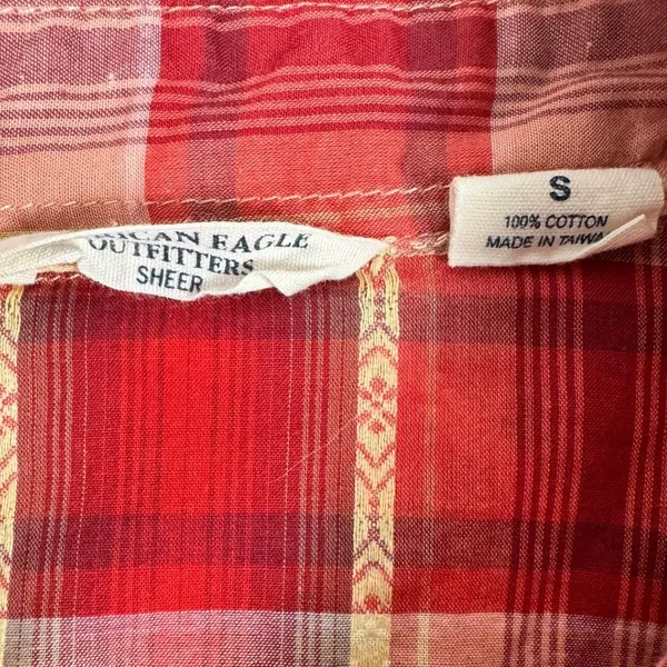 American Eagle Outfitters Red Plaid Western Sheer Button Down Shirt Small - Image 7
