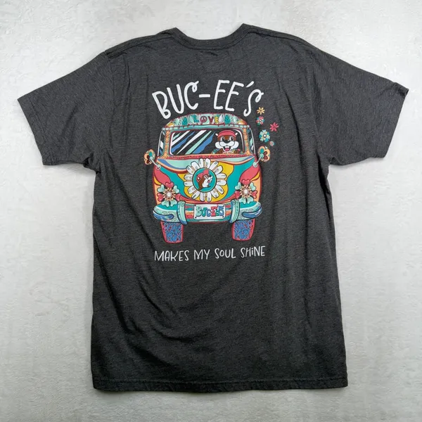 Buc-ee's Large T-Shirt Gray Hippie Van Daisy Peace Soul Shine Graphic Tee Retro - Image 5