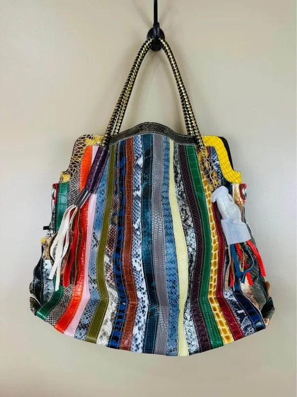 Multicolor Snake Embossed Striped Patchwork Tote Purse Shoulder Bag Crossbody - Image 5
