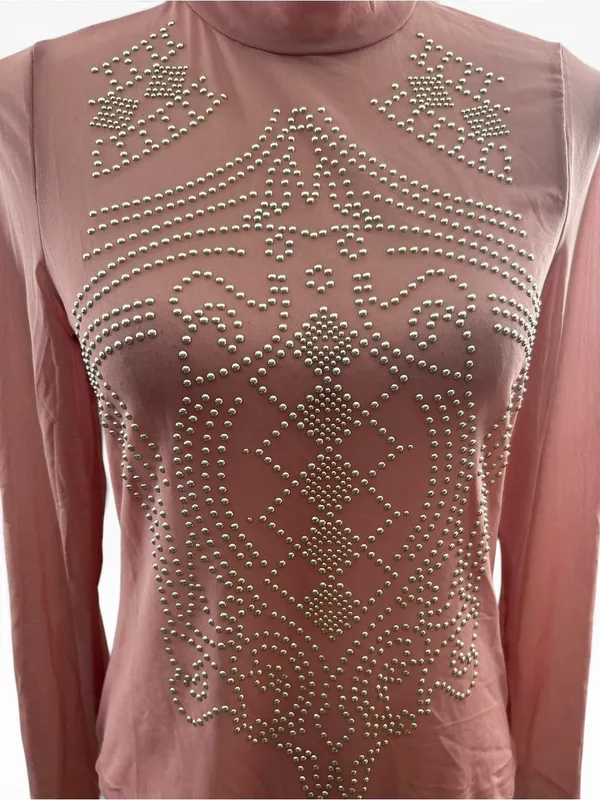 iris Dusty Rose Studded Mock Neck Mesh Long-Sleeve Bodysuit - Image 2