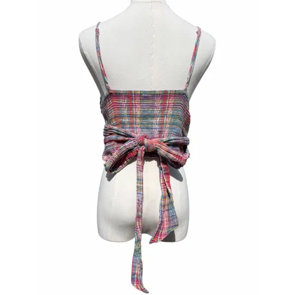 Free People Real Love Crop Top Women’s S Red Blue Plaid Ruched Wrap Y2K Boho - Image 4