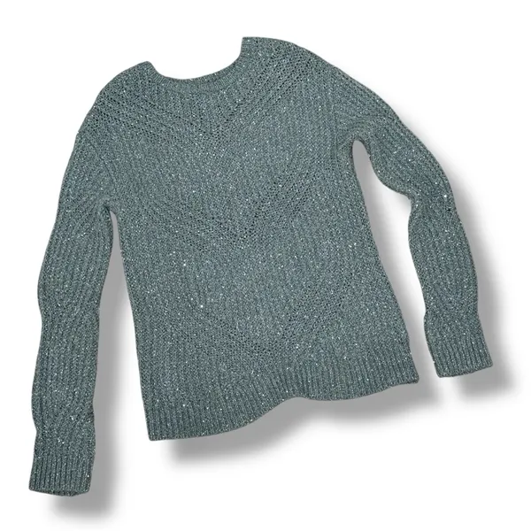 Nine West Scalloped Sleeve‎ Sequin Shimmer Sweater Sage Green Silver XS - Image 12