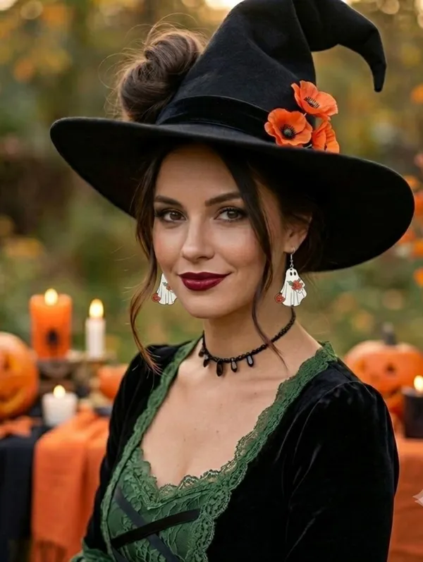 White Ghost Pumpkin Pattern Dangle Halloween Earrings‎ Wooden Jewelry - Image 2