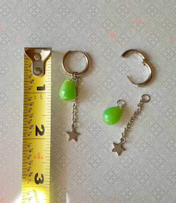 green opal teardrop Czech glass beads & stainless steel stars 4WAY hoop earrings💚 - Image 8