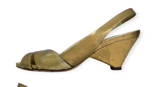PRADA | US 8.5 / IT 38.5 | Metallic Gold Leather Peep-Toe Slingback Pumps - Image 4