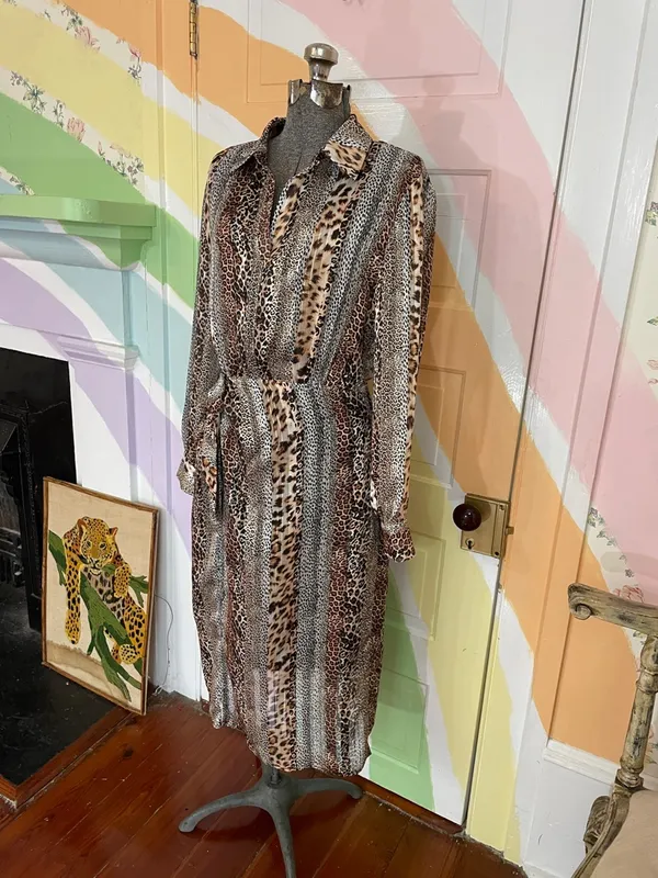 Sam Edelman Mixed Animal Print Satin Shirt Dress Semi Sheer Sz 8 💚🎀 - Image 6