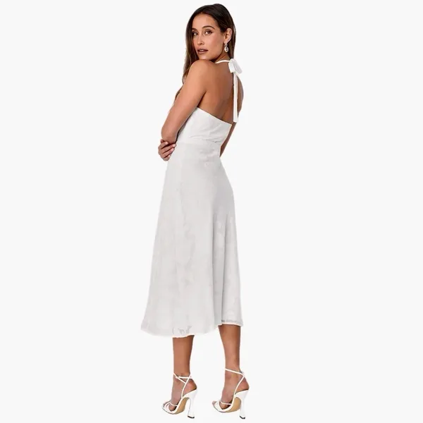 New Lulus Graceful White Floral Jacquard Halter Midi Dress Women’s Sz XL Elegant - Image 5