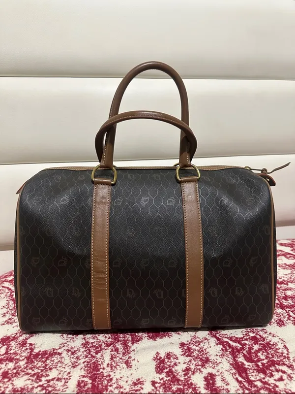 Christian Dion PVC Brown Monogram Travel Duffle Bag with Leather Trim - Image 2