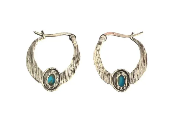 Vintage Silver Tone Hoop Earrings Faux Turquoise Enamel Southwestern Estate 1" - Image 5