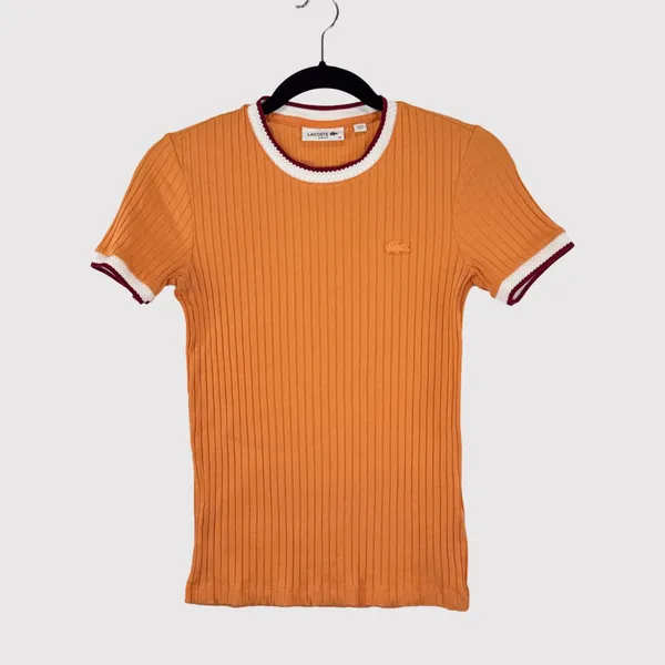 Lacoste Womens Shirt Orange Crew Neck Fantasy Knit Ribbed Slim Fit 34 US Small - Image 2