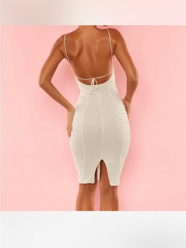 Oh Polly White Embellished Pearl • Ivory Beaded Spaghetti Strap Bodycon Dress - Image 2