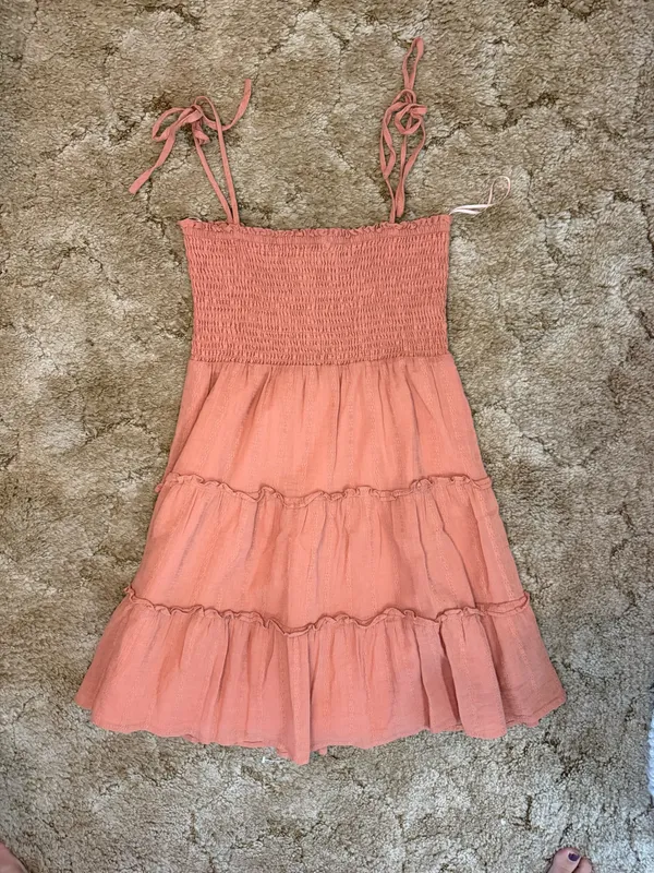 Altar'd State Coral Smocked Tiered Mini Dress Medium Tie Strap Boho - Image 5