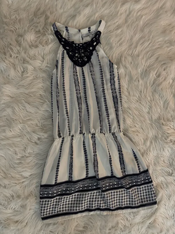 White and Navy Pattern Halter Mini Dress - Image 2