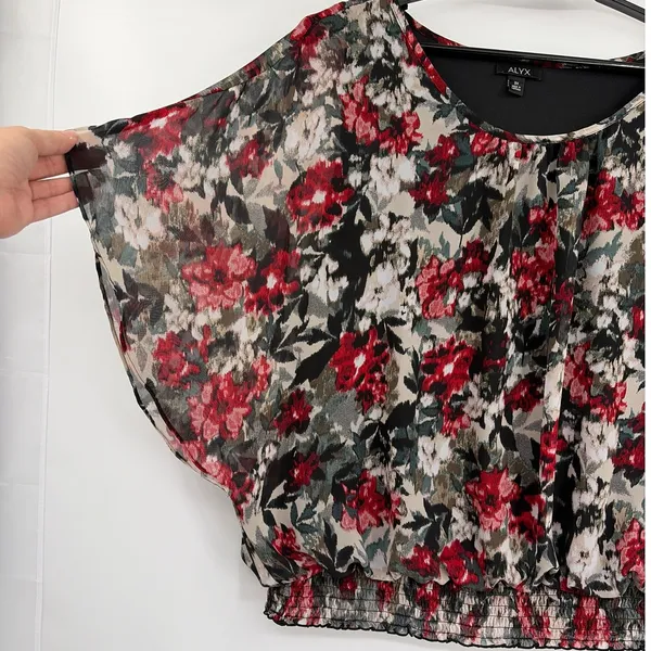 Alyx Floral Chiffon Top Sz 3XL Whimsigoth Smocked Dolman Sleeve Dark Romantic - Image 3