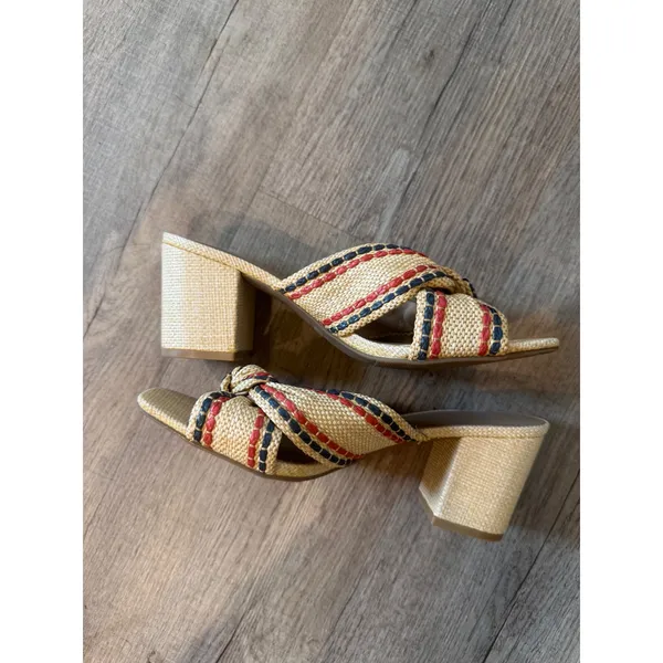 MIA Raffia Block Heel Slide Sandals Knotted Woven‎ Red Navy Blue Mules Womens 9 - Image 2