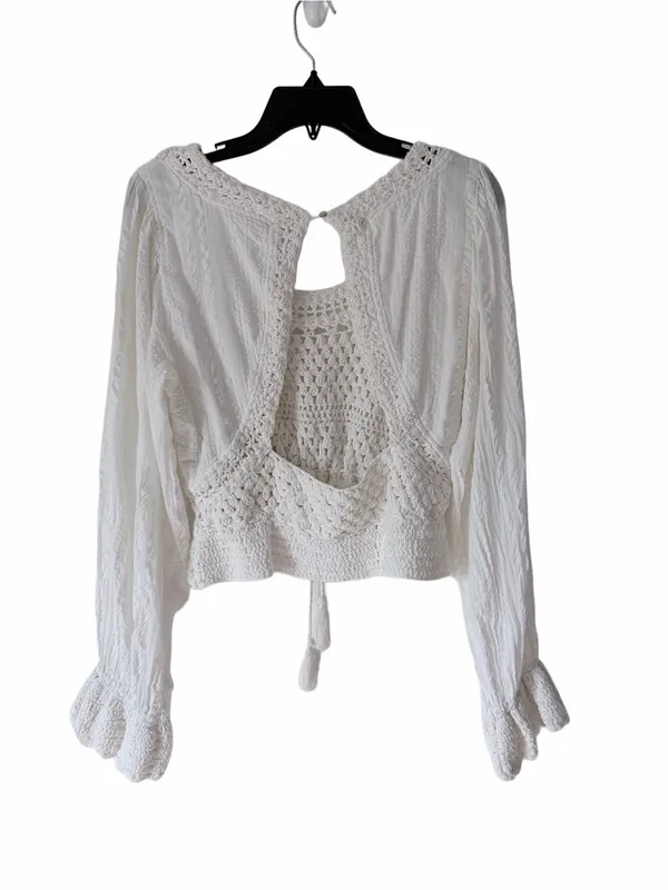Free People Megan Crochet Top Creamy White Boho Long Sleeve Blouse size large - Image 4