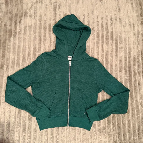 Tna Aritzia Waffle Knit Full Zip Hoodie Dark Green Cropped Thermal Sweater Small - Image 2