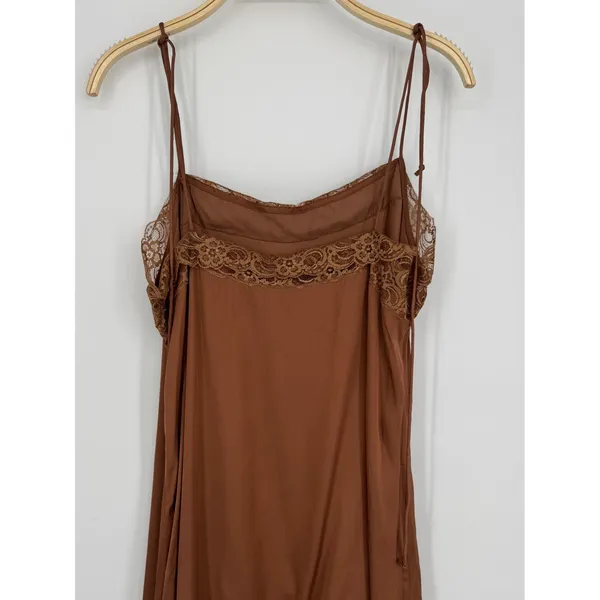Aerie‎ Satin Lace Trim Slip Dress XL Brown Coquette Cottagecore Boho Feminine - Image 6