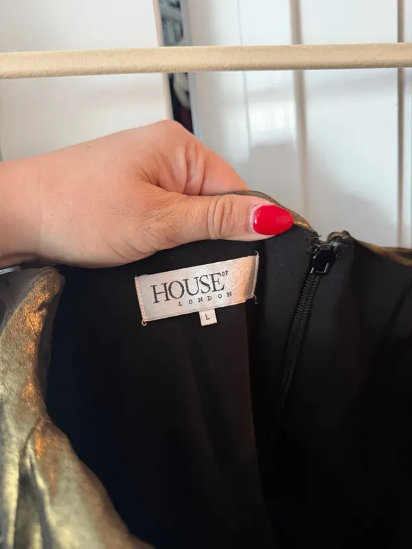 House of CB Ilaria Bro dress gold bronze ruched‎ off shoulder dress - Image 3