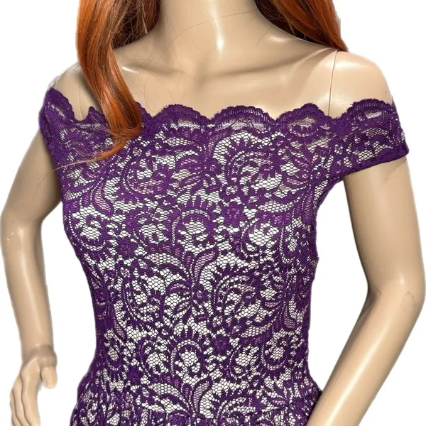 Yellow Star Womens Plum Lace Nude Maxi Off Shoulder Dress Size M USA MADE - Image 3