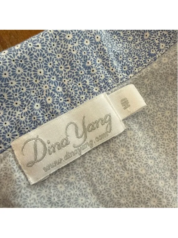Dina Yang Cotton Pajama Set Medium Blue White Ditsy Floral 2PC Button Down - Image 5
