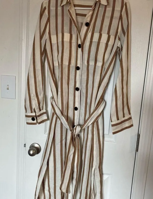 ZARA boho cream tan striped linen buttoned belted collared shirt midi dress XS - Image 5