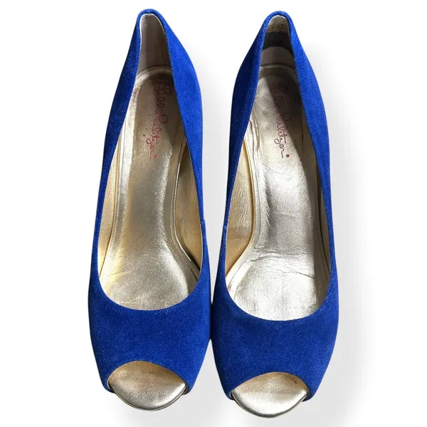 Lilly Pulitzer Womens Resort‎ Wedge Chic Heels Blue 8.5M Peep Toe Suede Preppy - Image 6