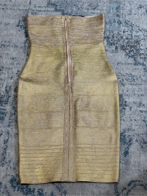 Herve Leger Isla Metallic Strapless Gold Bandage Mini Dress Size Medium - Image 4