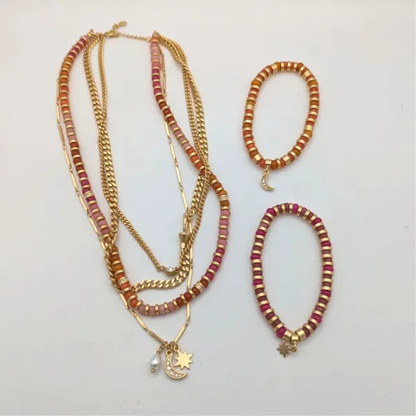LOFT Festive Layered Necklace Bracelet Set Pink Gold Orange Star Moon Celestial - Image 2