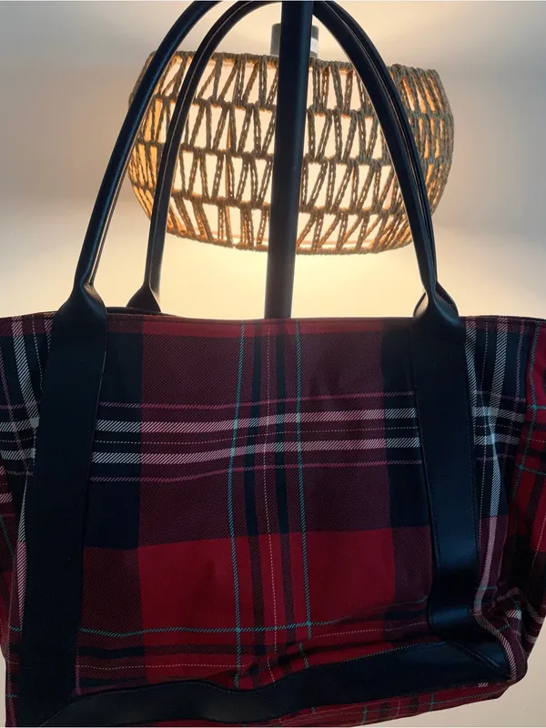 Victoria's Secret Red and Black Plaid Tote with Floral Overlay - Image 7