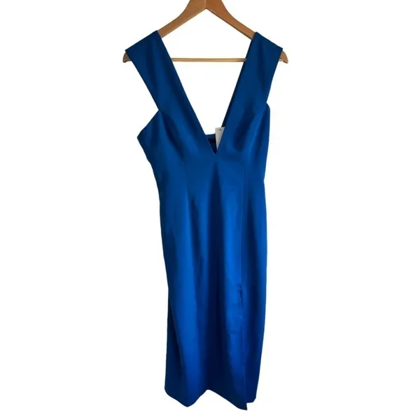 Jay Godfrey Cobalt Blue Deep‎ V-neck Plunge Midi 6 Cocktail Dress - Image 3