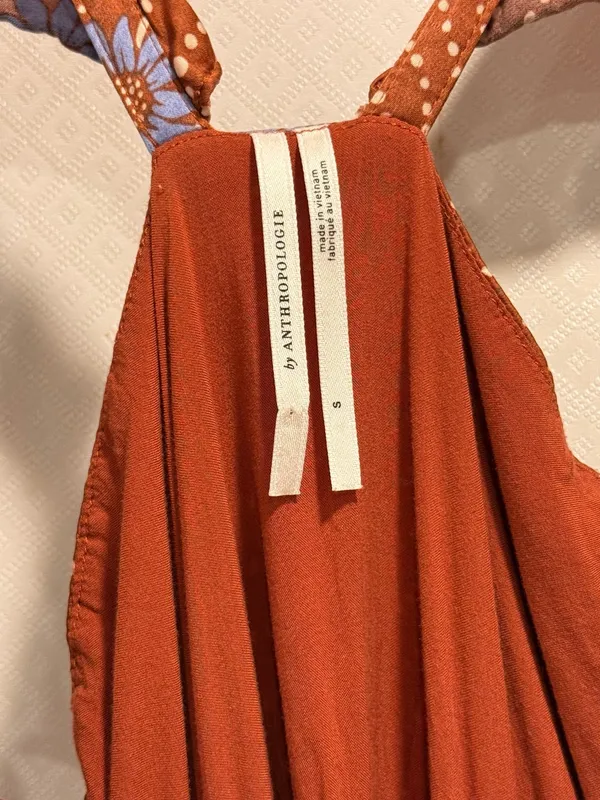 Anthropologie Ruffle-Sleeve Printed-Wrap Rust Midi Dress with Blue Floral Print - Image 11