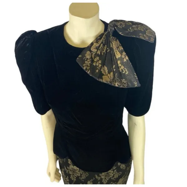 Vintage 1980s Scott McClintock Black Velvet Gold Brocade Dress Open Back S/M - Image 5