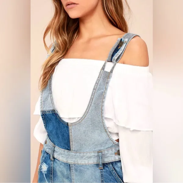 Free People Patchwork Blues Blue Denim Pinafore Dress, Size 4 - Image 10