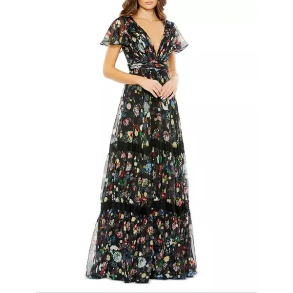 Mac Duggal Size 0 Black Floral Plunge V Neck Lace Maxi Long Formal Gown Dress - Image 3