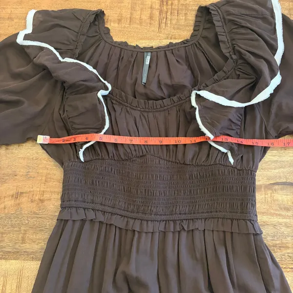 Anthropologie Puff Sleeve Scoop Neck Tiered Maxi‎ Dress S Cottage Ruffle Smocked - Image 8
